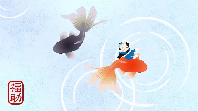 福助キャラが金魚に乗る夏のイラスト、涼感あるキャンペーンビジュアル