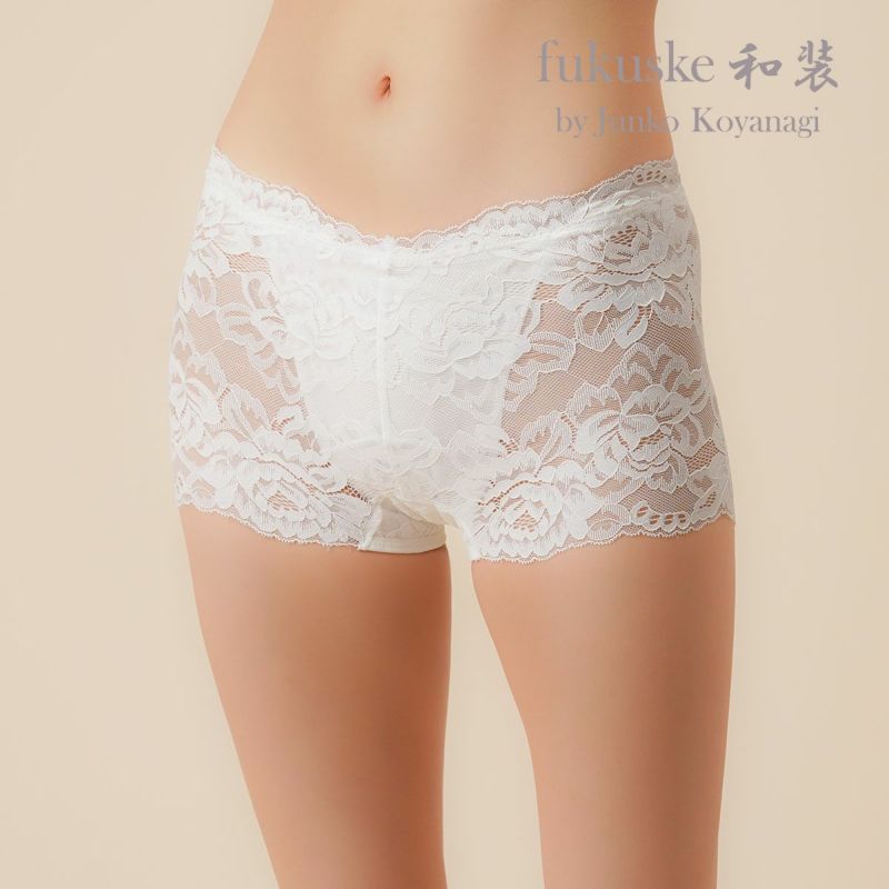 ショーツ レディース fukuske和装 サニタリー吸水ショーツ 401-005b Mサイズ Lサイズ ホワイト ブラック 女性 婦人 フクスケ fukuske|ホワイトパールのfukuske和装サニタリー吸水ショーツ(正面)羽根つきナプキン対応・総レース仕様